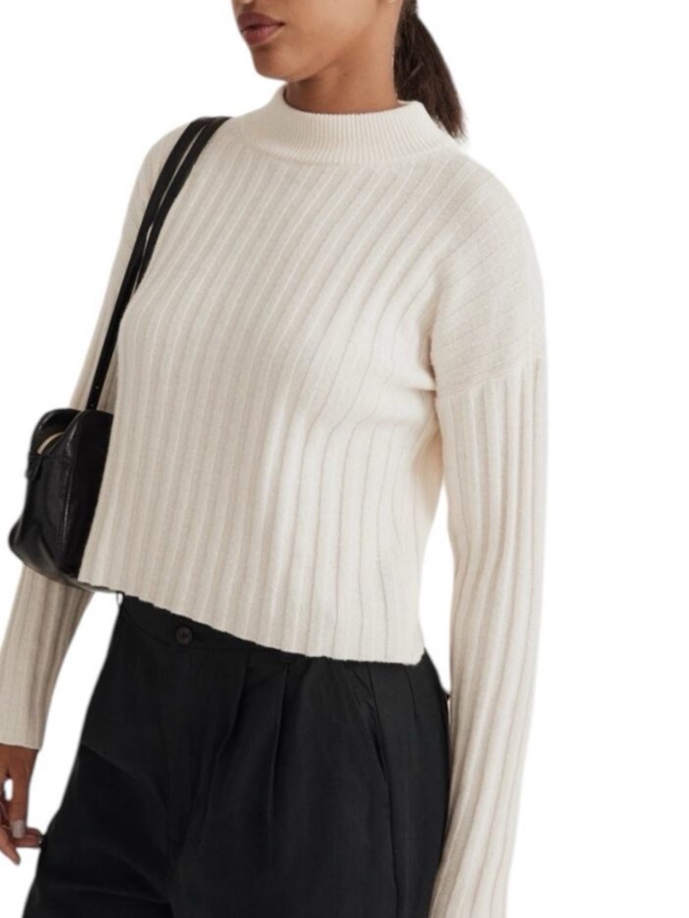 Madewell Antique Cream Ribbed Mock Neck Crop Pullover Wool Sweater, XL, NWOT